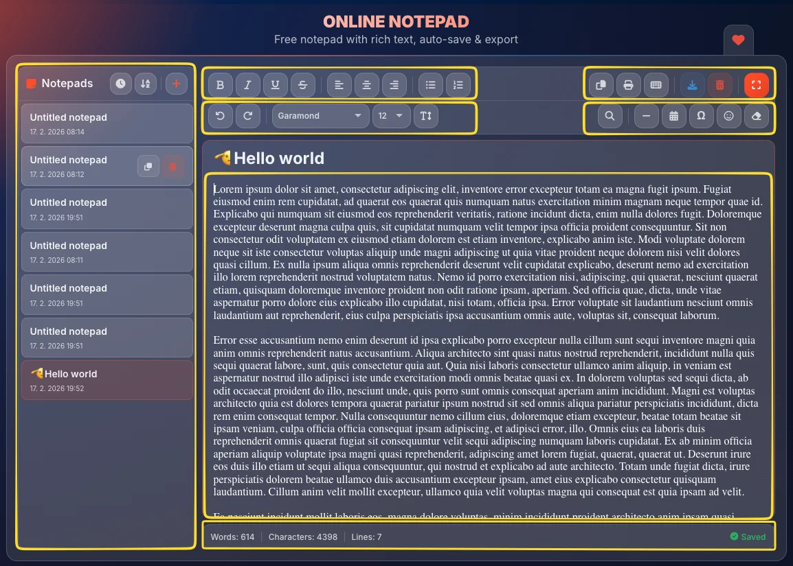 Online Notepad interface overview showing the editor area, formatting toolbar, notes sidebar, and status bar