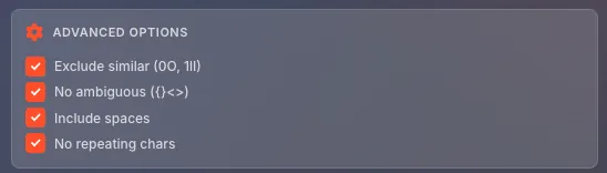 Advanced options checkboxes - Exclude similar, No ambiguous, Include spaces, No repeating chars
