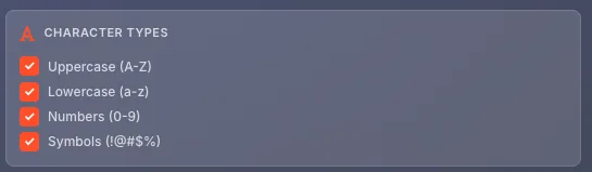 Character types checkboxes - Uppercase, Lowercase, Numbers, Symbols