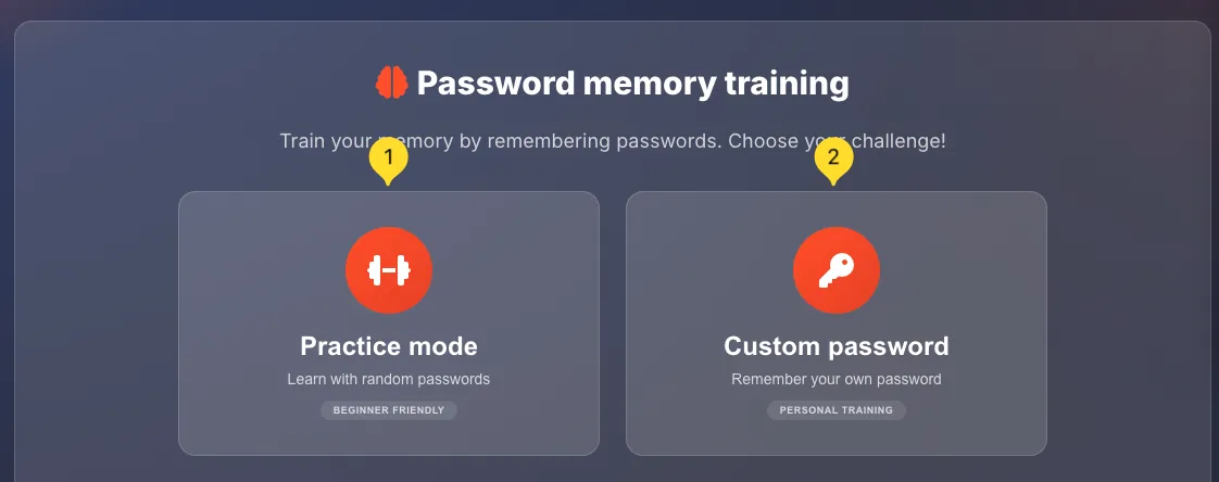 Two challenge options - Practice mode and Custom password