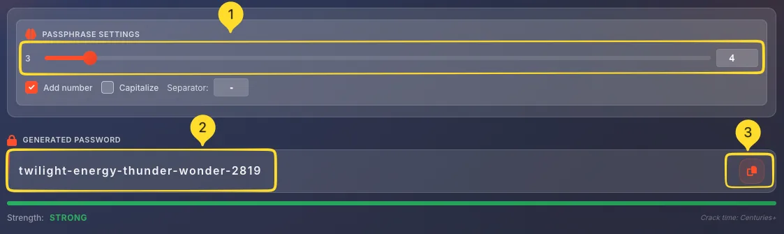 Example passphrase showing random words combined with hyphen separator
