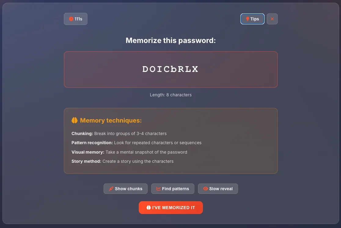 Password displayed for memorization with timer