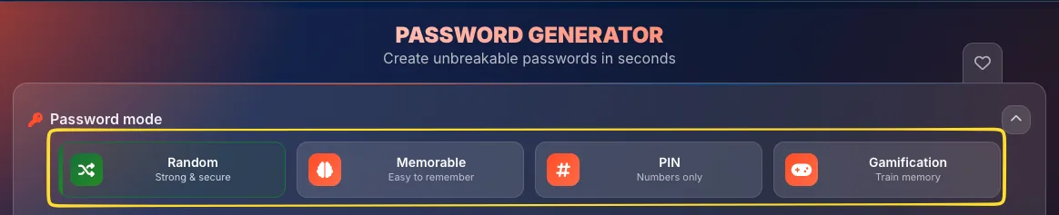 Password mode selector with 4 mode buttons