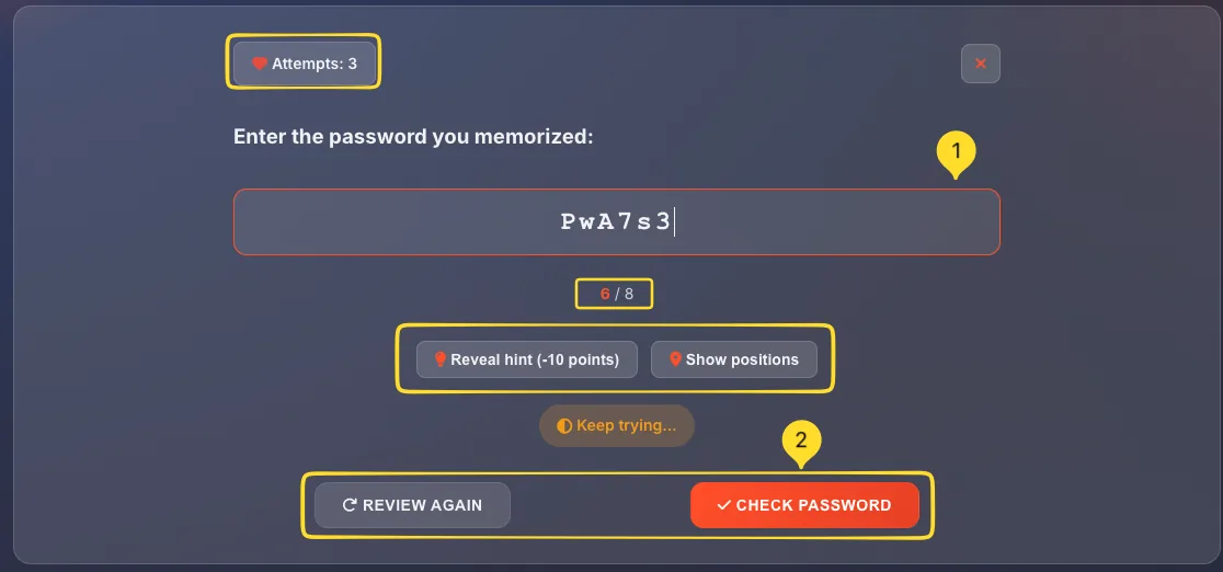 Input field for typing the password from memory
