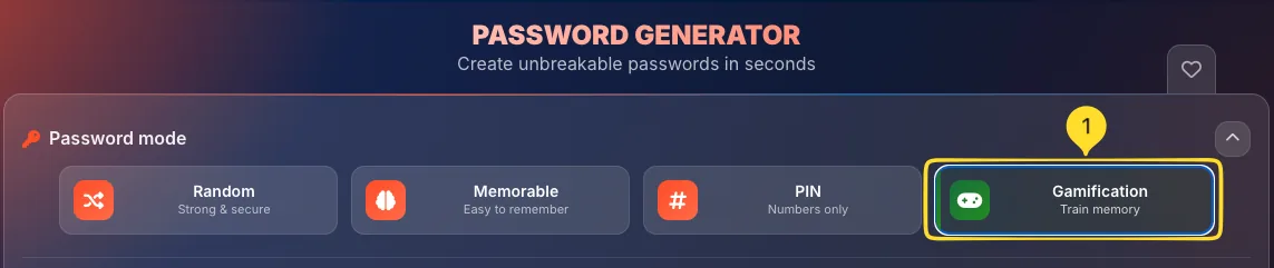 Password Generator mode selector showing Gamification mode selected