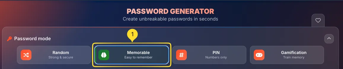Password Generator mode selector showing Memorable mode selected