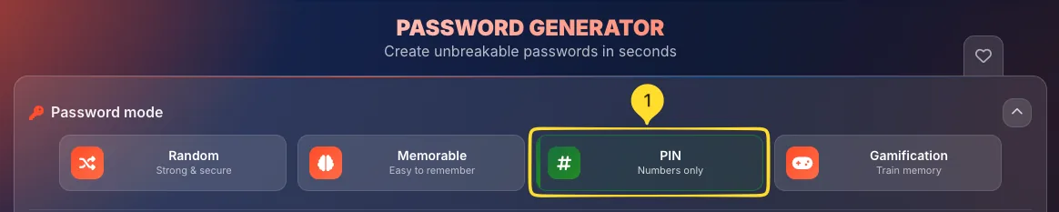 Password Generator mode selector showing PIN mode selected