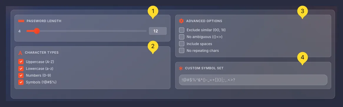 Settings panel with password configuration options
