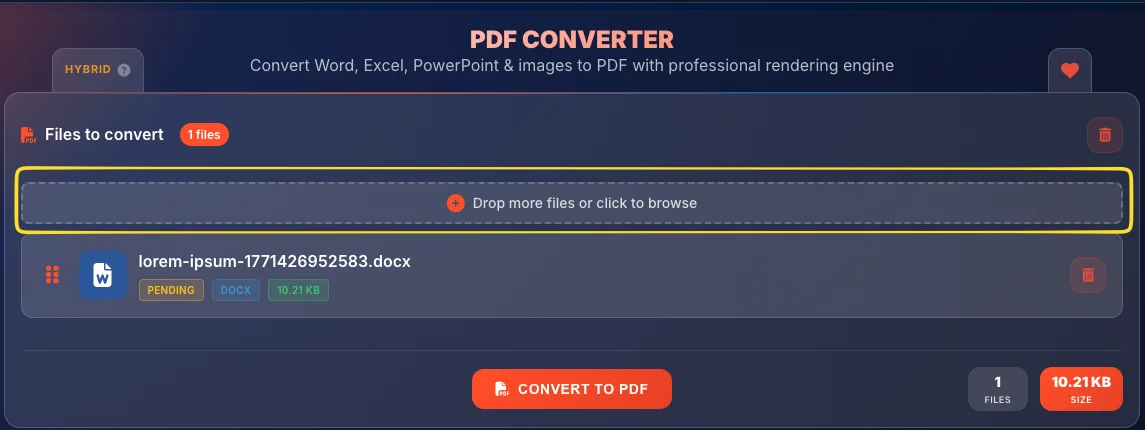 Add more files zone below the uploaded file list