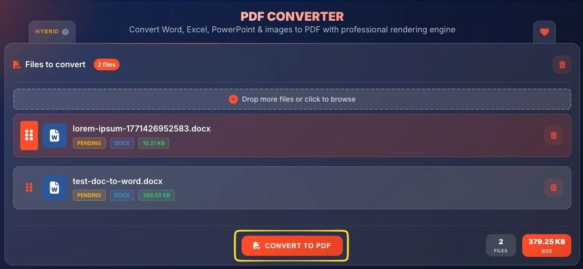 CONVERT TO PDF button with pending files ready for conversion