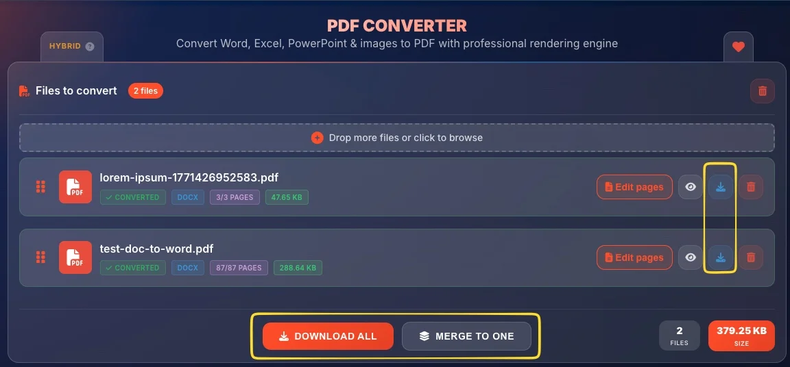 Converted files with download buttons and output options