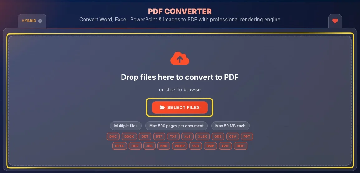 PDF Converter drag and drop upload zone with supported file format icons