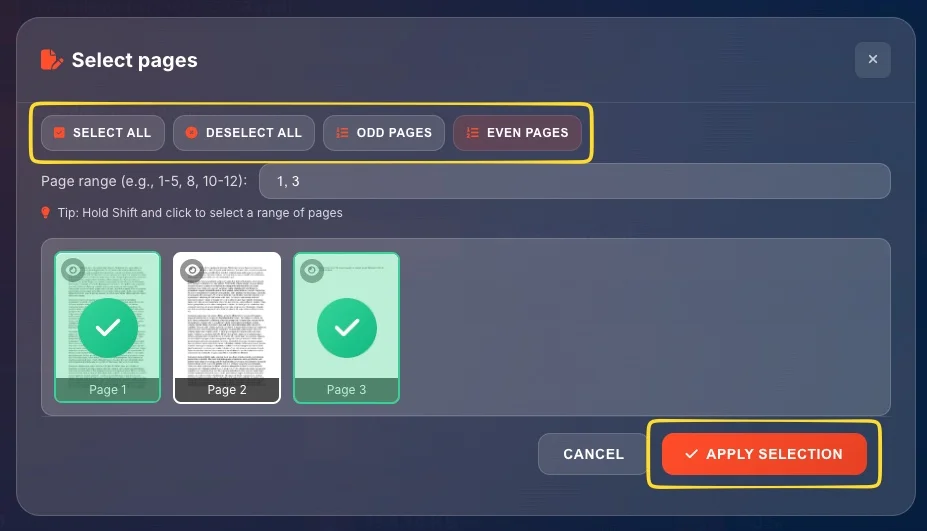 Edit Pages modal with Apply Selection button and page range input