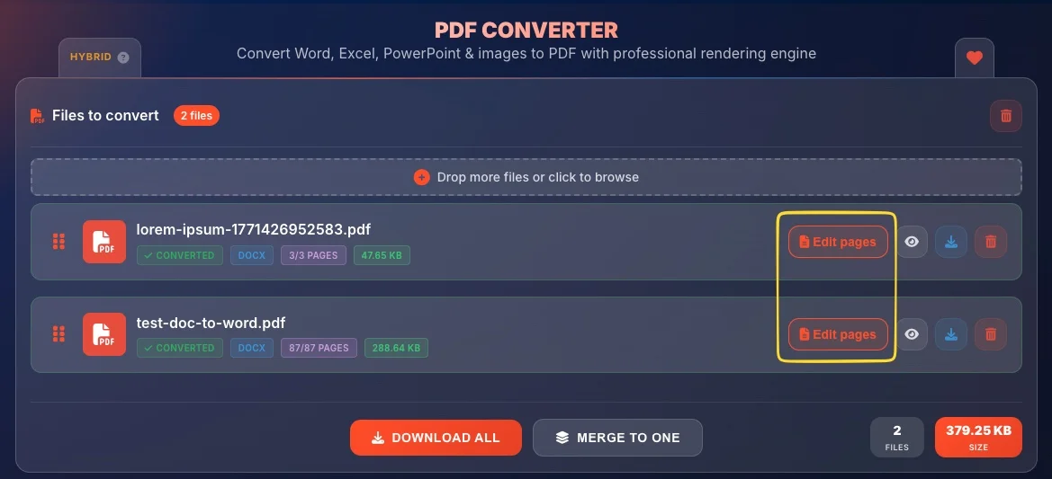 Edit Pages modal showing page thumbnails with select and deselect controls