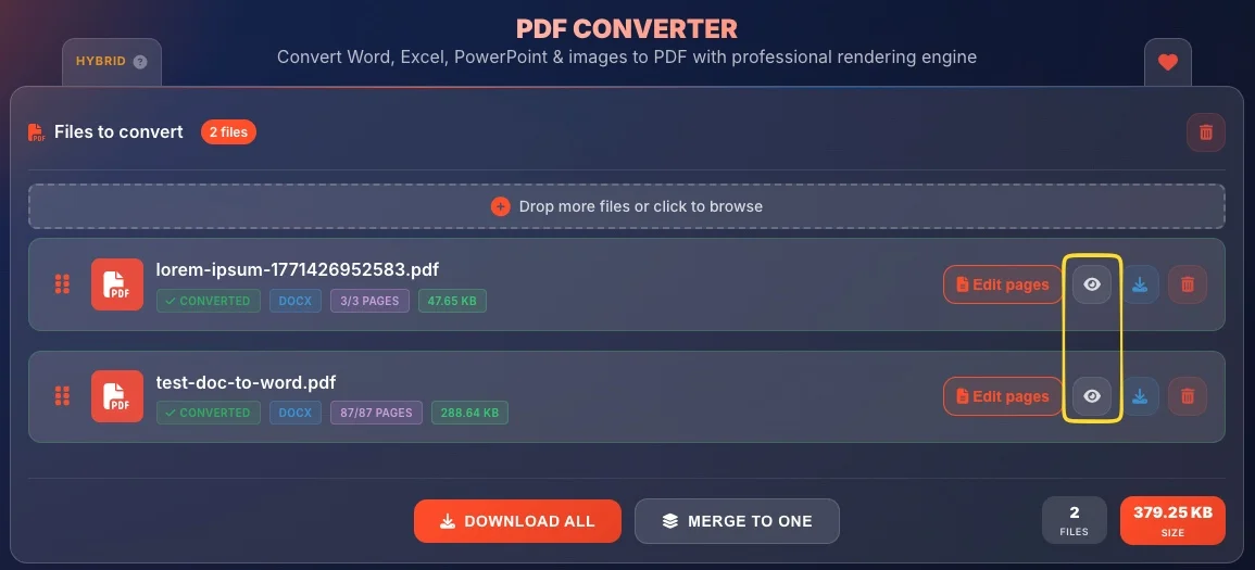 File card with preview eye icon button highlighted
