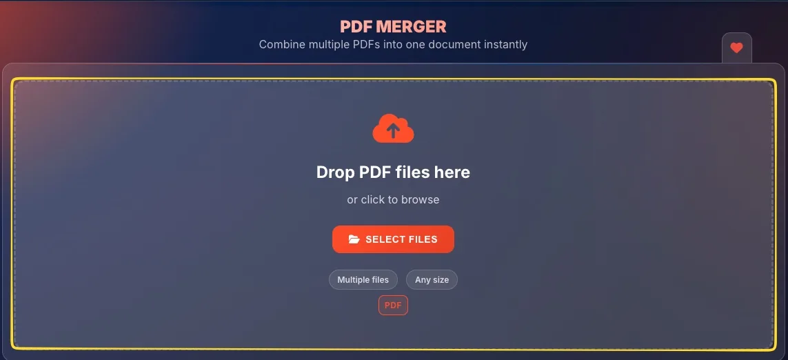 Drop zone for uploading PDF files with upload icon and SELECT FILES button