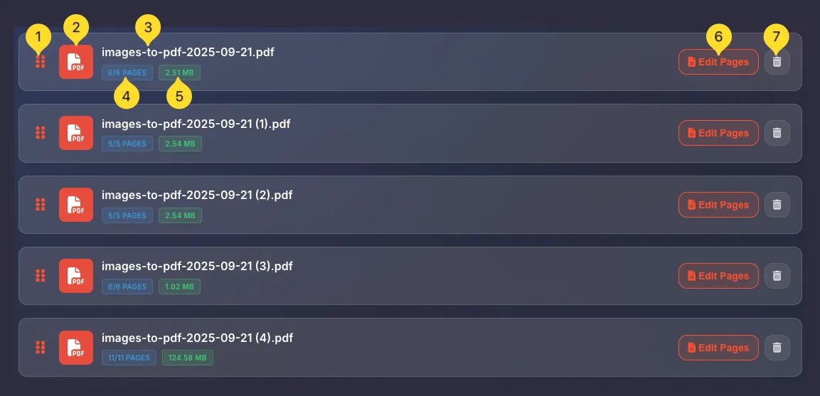File list showing PDF files with drag handles, filenames, page counts, sizes, and action buttons
