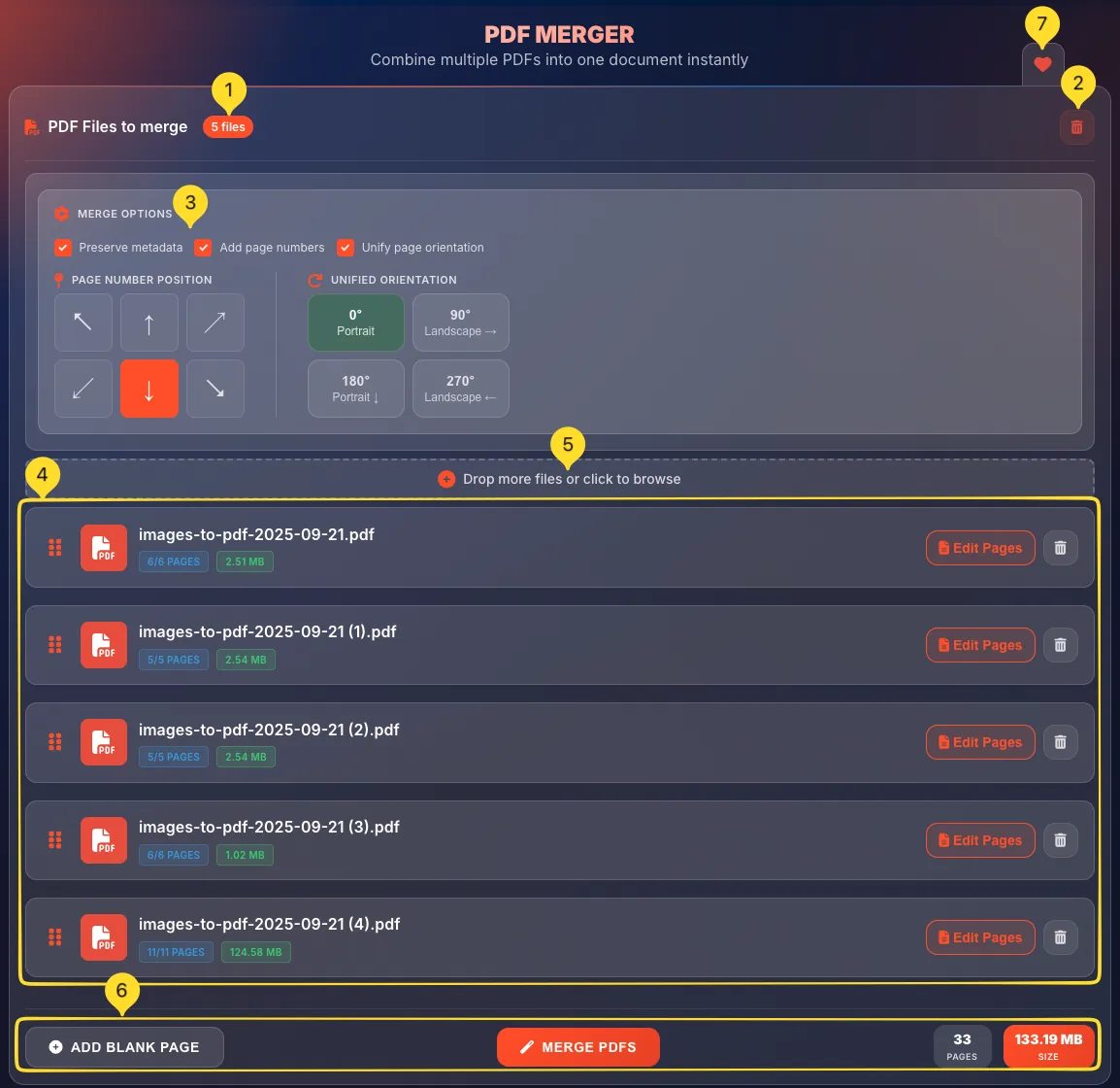 PDF Merger complete interface showing file list, merge options, and action buttons