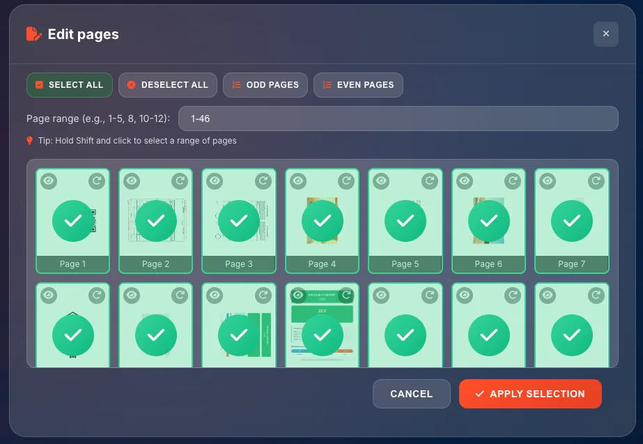 Edit Pages modal header with PDF icon and title