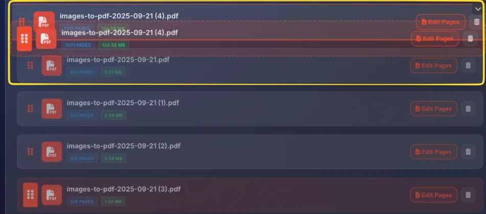 Drag and drop reordering of PDF files in the merge list