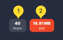 Statistics counters showing pages and size totals