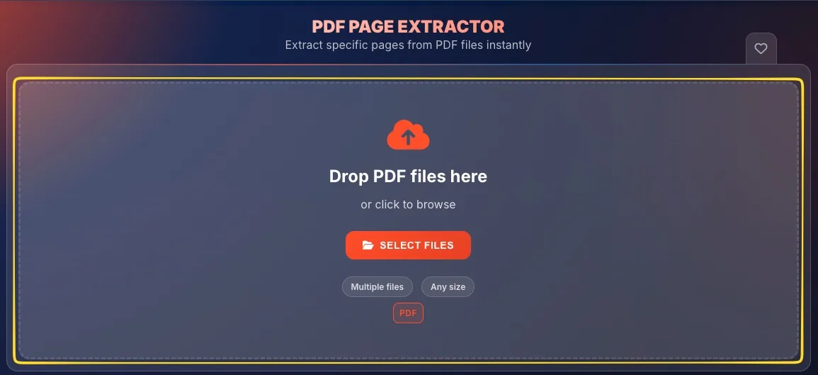 Drop zone for uploading PDF files with upload icon and SELECT FILES button