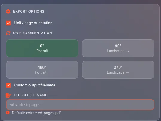 Export options panel with orientation and filename settings