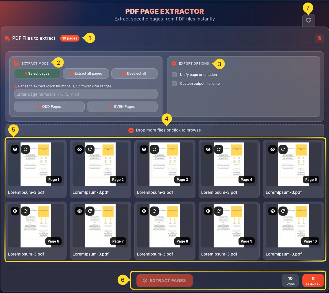 PDF Page Extractor complete interface with page thumbnails and action buttons