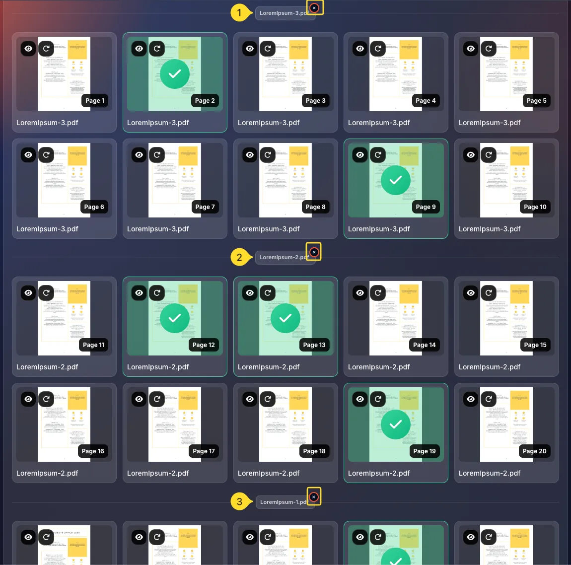 Selecting pages across multiple PDF files
