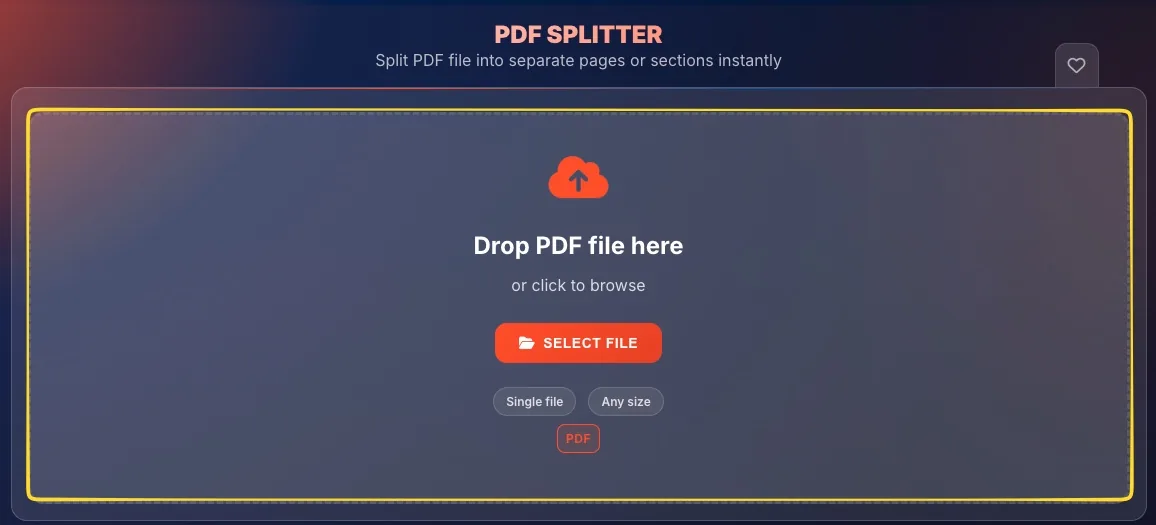 Drop zone for uploading PDF file with upload icon and SELECT FILE button