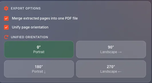 Export options panel with merge and orientation checkboxes