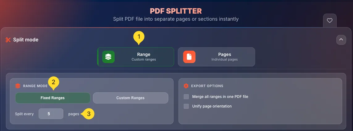 Fixed ranges overview showing interval input and page groupings