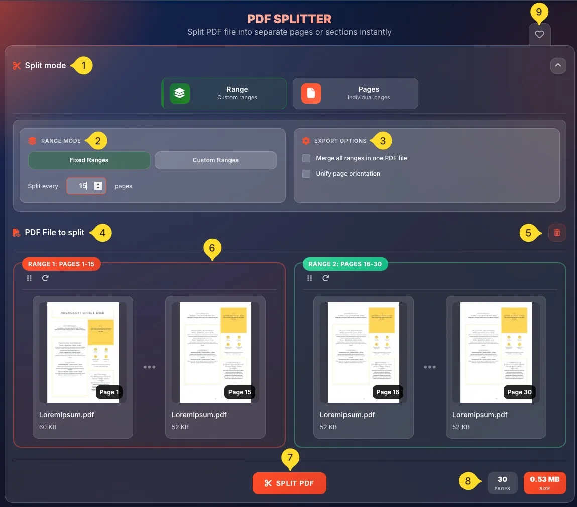 PDF Splitter complete interface showing split modes, page grid, and action buttons