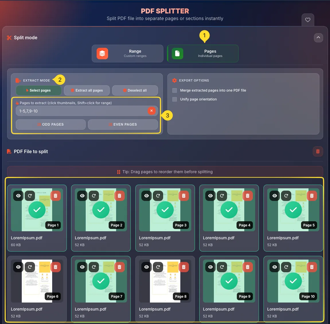 Pages mode showing individual page thumbnails in a grid