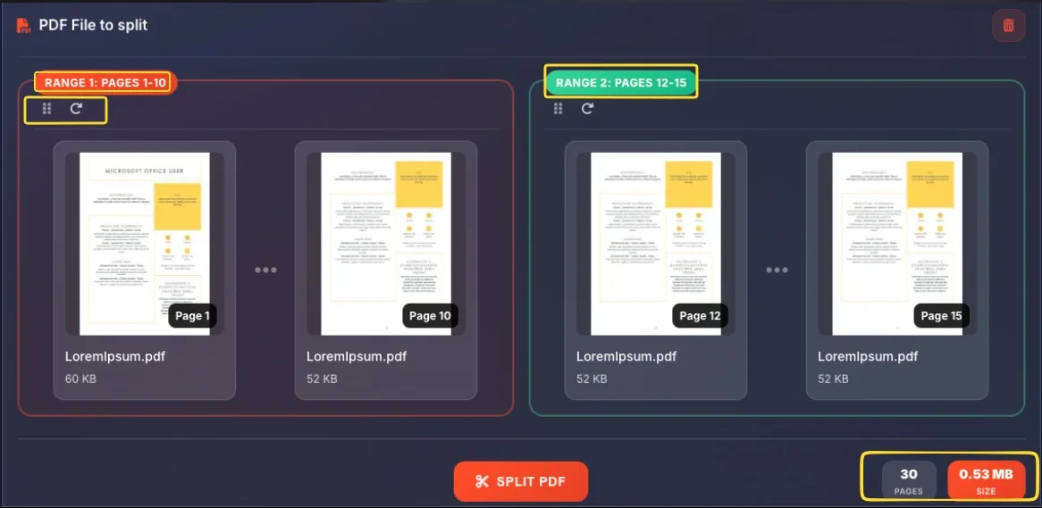 Range cards showing grouped pages with thumbnails and range labels