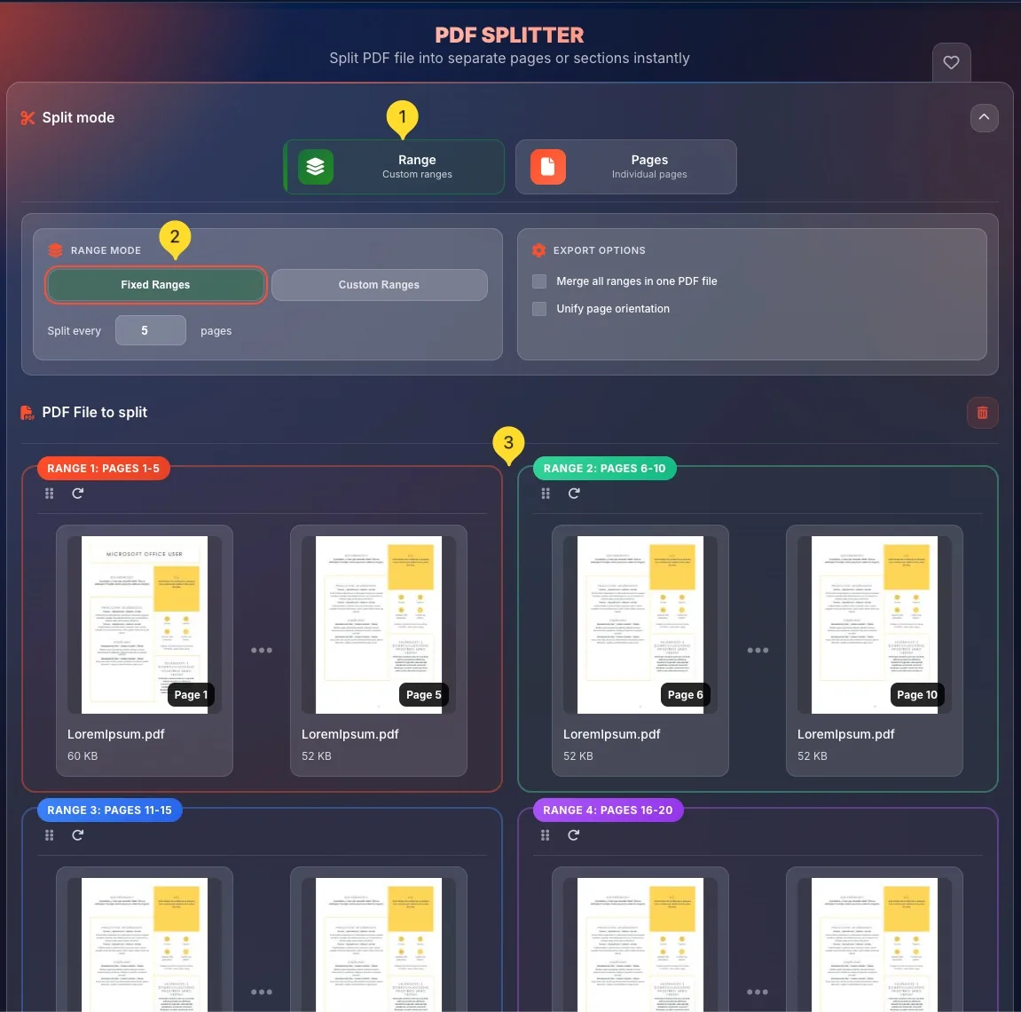 Range mode overview showing range cards with color-coded page groupings