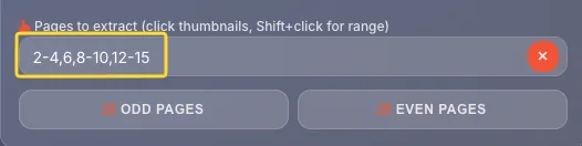 Page selection tools with ODD PAGES and EVEN PAGES buttons