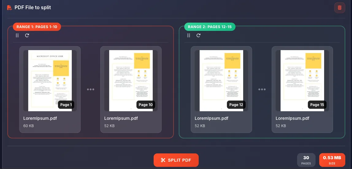 Range cards showing page groupings for each output file