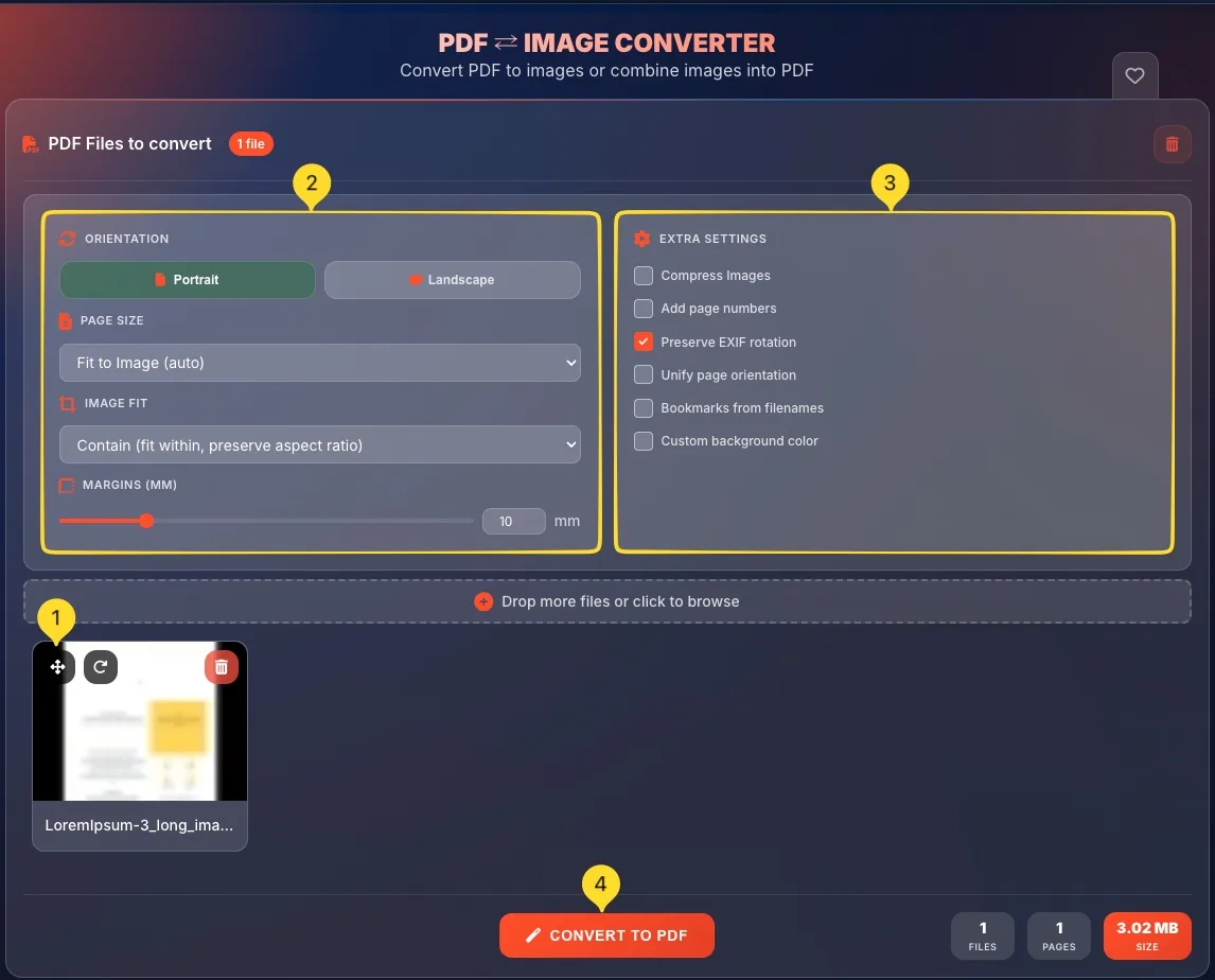 Images to PDF mode interface with uploaded images
