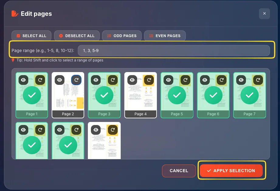 Page selection modal with page thumbnails