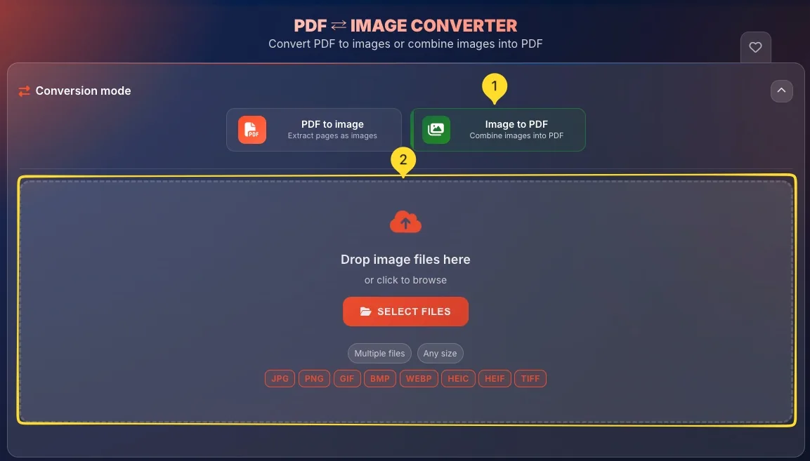 Upload zone for images in Images to PDF mode