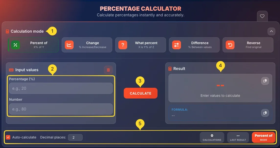 Percentage calculator interface overview