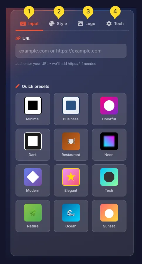 Left panel with Input, Style, Logo, and Tech tabs
