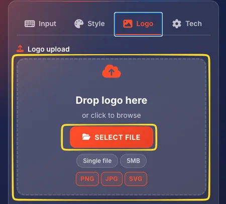Logo upload area with drag and drop zone