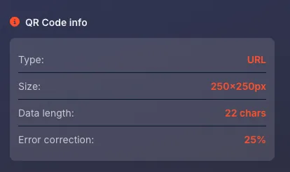 QR Code info panel showing type, size, data length and error correction