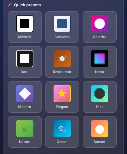 Quick presets section showing all 12 preset options