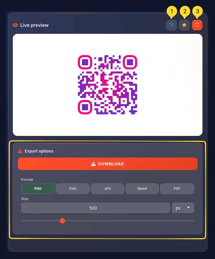 Right panel with live preview and export options