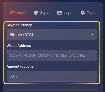 Crypto type selected in the type selector