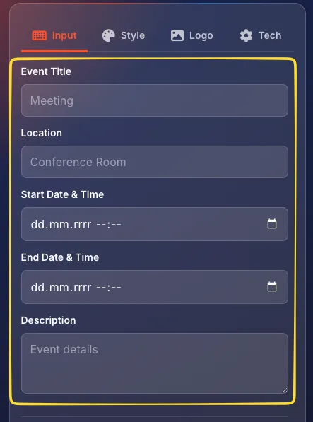 Event type selected in the type selector