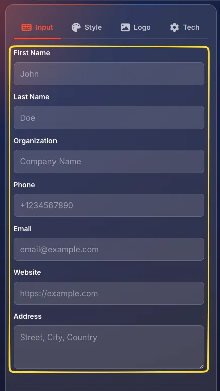 vCard type selected in the type selector